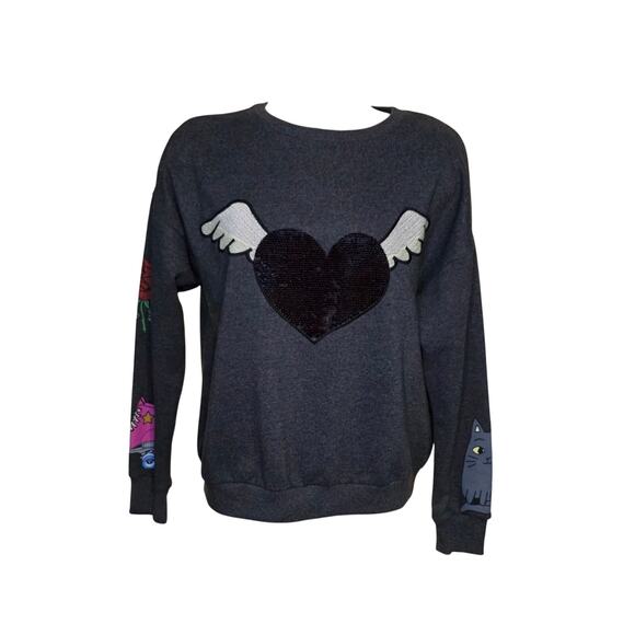 Zara Sequined heart sweatshirt vintage cat graphic girls Size 13/14 gray - Picture 2 of 8